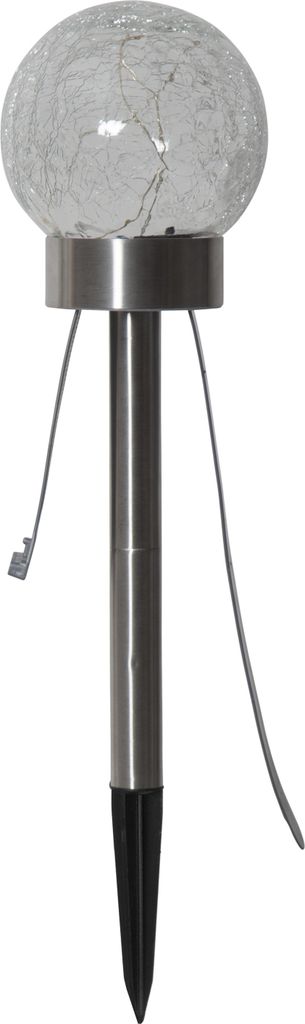 A solar garden light with a cracked glass globe on a white background.