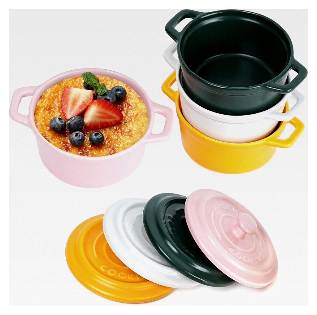 270 ml Porzellan-Auflaufform Klein mit Griffen und Deckel - 4er-Set - Backofenfest, Stapelbar - Rund, Mikrowellen-, Gefrierschrank- und Spülmaschi...