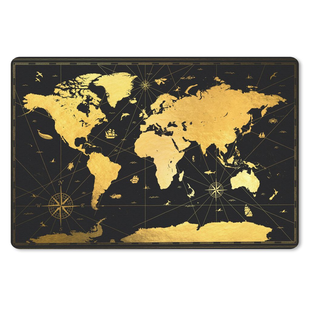 MuchoWow Schreibtischunterlage Weltkarte - Gold - Schwarz - Luxus 60x40 cm - XXL Mauspad - Großes Mauspad