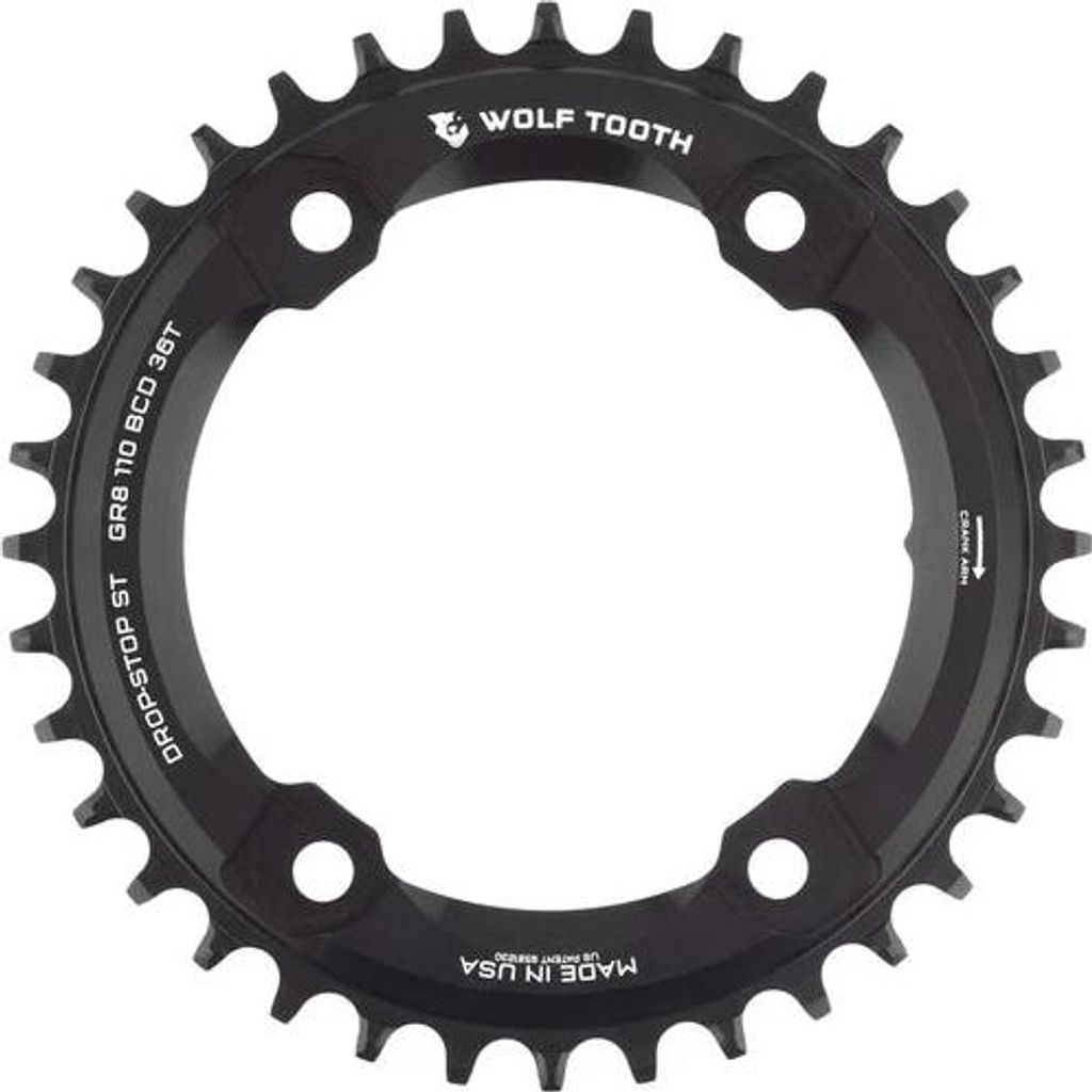 Wolf Tooth Shimano GRX Kettenblatt, 110 BCD Asymmetric, 4-Loch, 38 Z., Drop-Stop ST, black