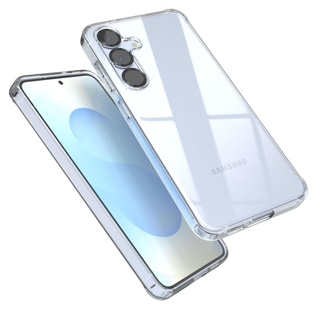 A clear protective phone case is shown on a white background, with a smartphone inside.