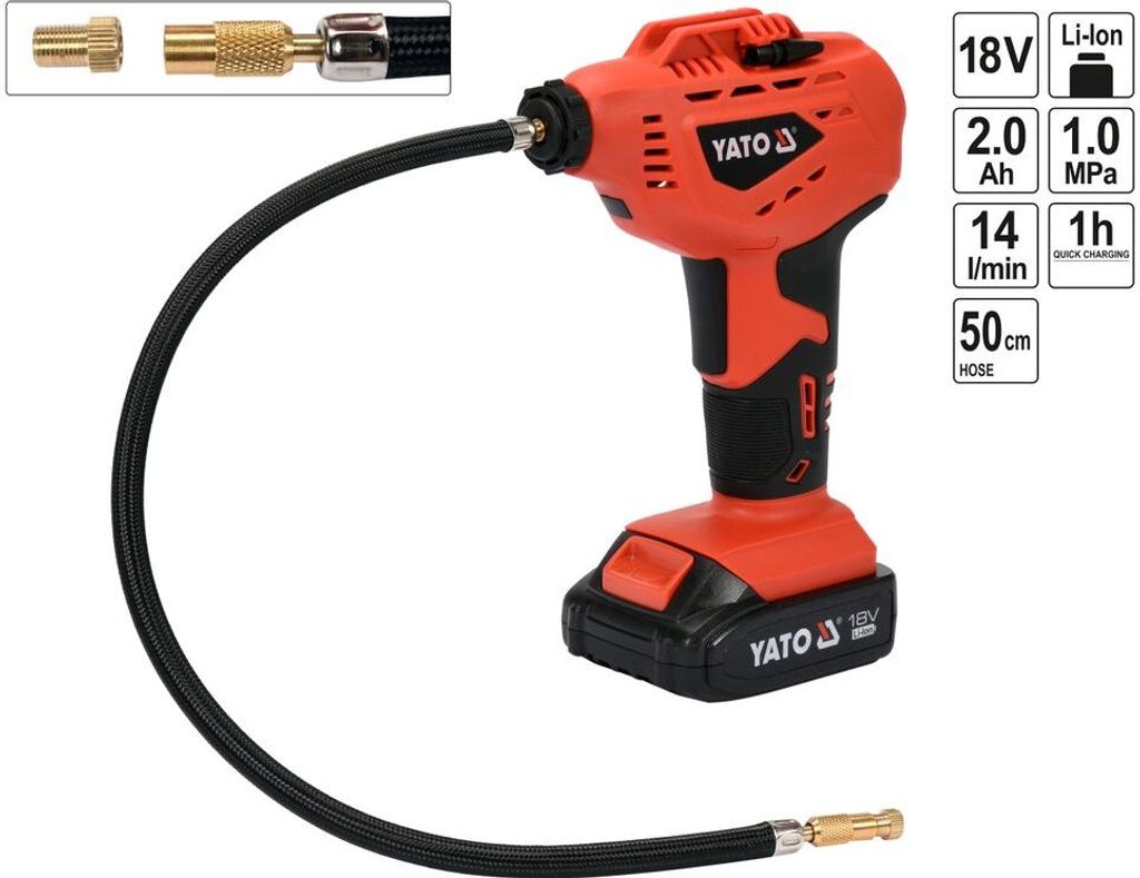 YATO Luftpumpe mit 2,0 Ah Li-Ionen-Akku 18 V