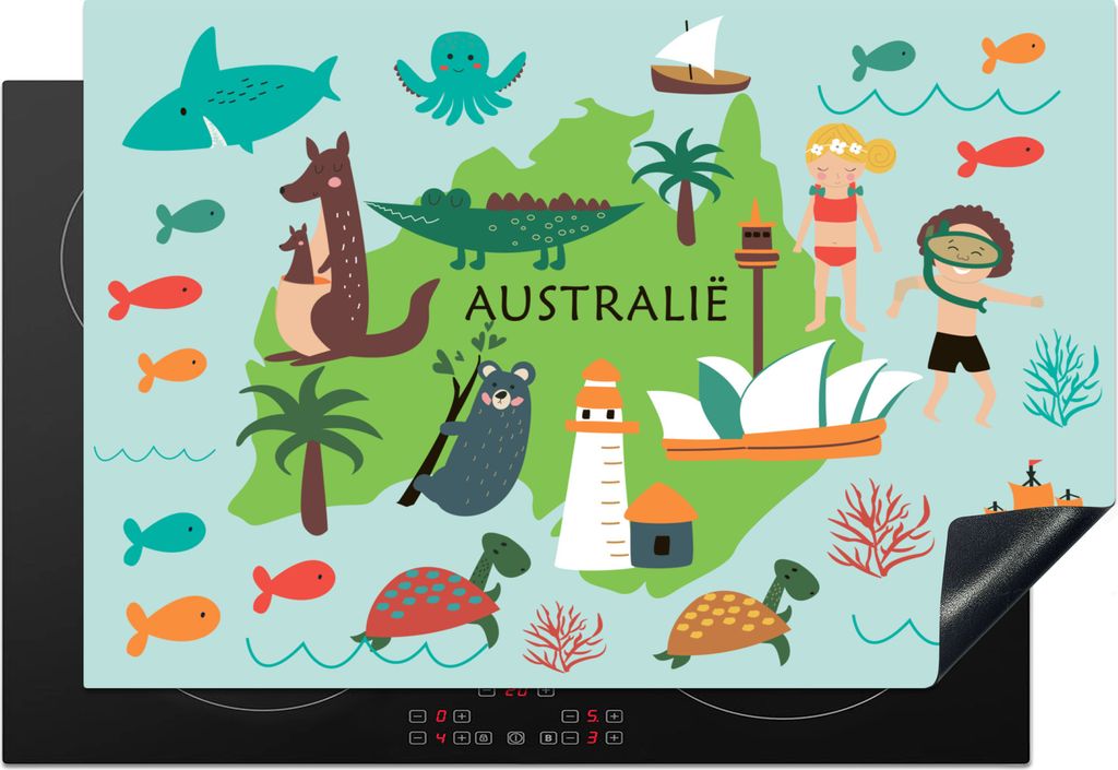 KitchenYeah Herdabdeckplatte Weltkarte Kinder - Australien - Tiere , 77x51cm, Küche Deko, Glaskeramikkochfeld Herdabdeckung, Abdeckplatte fùr K...