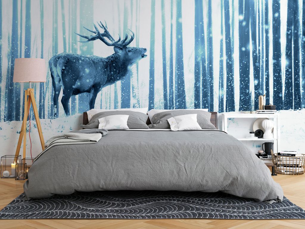Vlies Fototapete Hirsch Tiere 400x280 cm Tapeten Wandtapete XXL Wald Winter Natur Landschaft g-B-0143-a-d