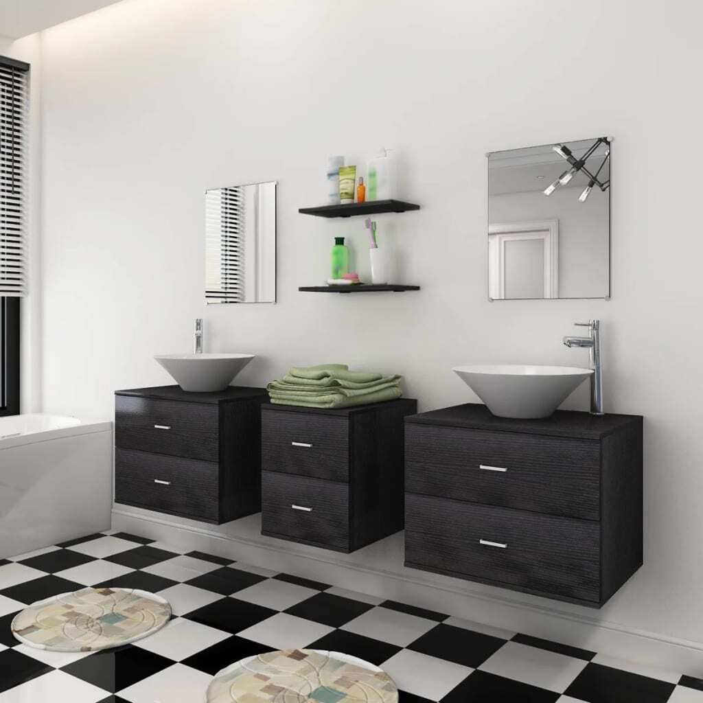 "2026 Aktion" 9-tlg. Badmöbel-Set - CLORIS - Badezimmerschrank - schlichte Design - mit Waschbecken und Wasserhahn Schwarz - DEMöbel4961384
