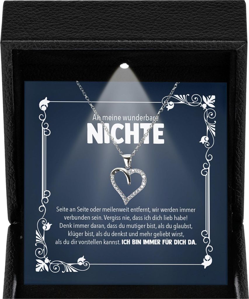 22Feels Nichte Geschenk Schmuck - Silber 925/000 Herz Halskette Mädchen Frauen - Karte Premium LED Licht Etui - Konfirmation Firmung 18. Geburtsta...