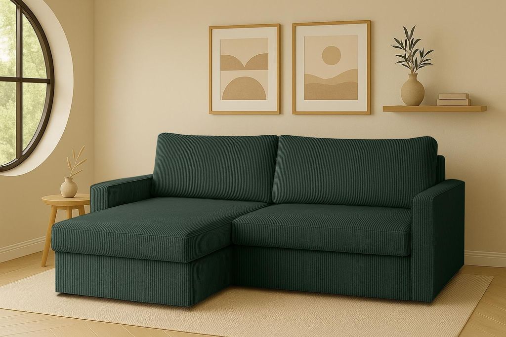 Kaiser Möbel Ecksofa mit Schlaffunktion und Bettzeugablage LUBEKA, Stoff Poso Grün Links
