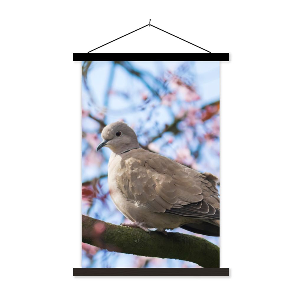 MuchoWow Textilposter Vogel - Blumen - Taube - Blütenzweige - Rosa 120x180 cm mit schwarzem Rahmen - Fotos
