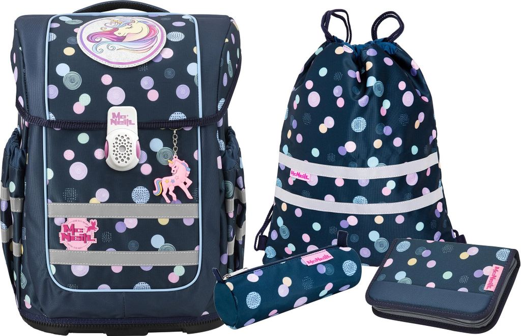A collection of school supplies including a backpack, drawstring bag, pencil case, and a flat pencil case, all featuring a navy blue background with colorful polka dots and unicorn/rainbow motifs.