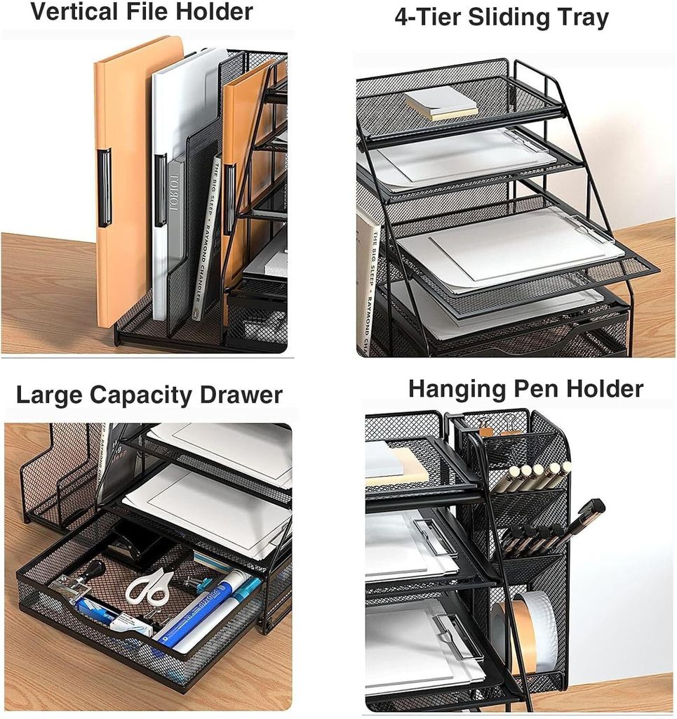 Schreibtisch Organizer Mit Schublade – 4 Ebenen, 2 Stifthalter & A4-Ablage – Stabiler Büro-Ordner Aus Metall