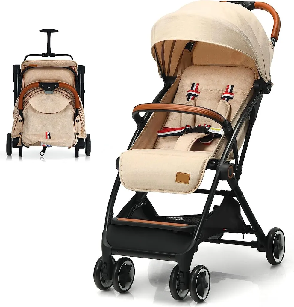 Poussette COSTWAY pliable d'une seule main avec dossier réglable beige
