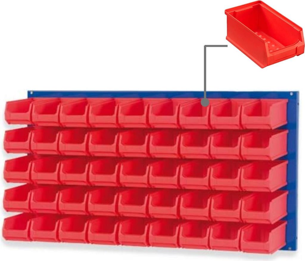 Trägersystem Blaue Systemplatte mit 45x roten Sichtlagerboxen 2.0 | Maße HxB 50x100cm | Sichtlagerbox, Sichtlagerbehälter, Sichtlagerkasten