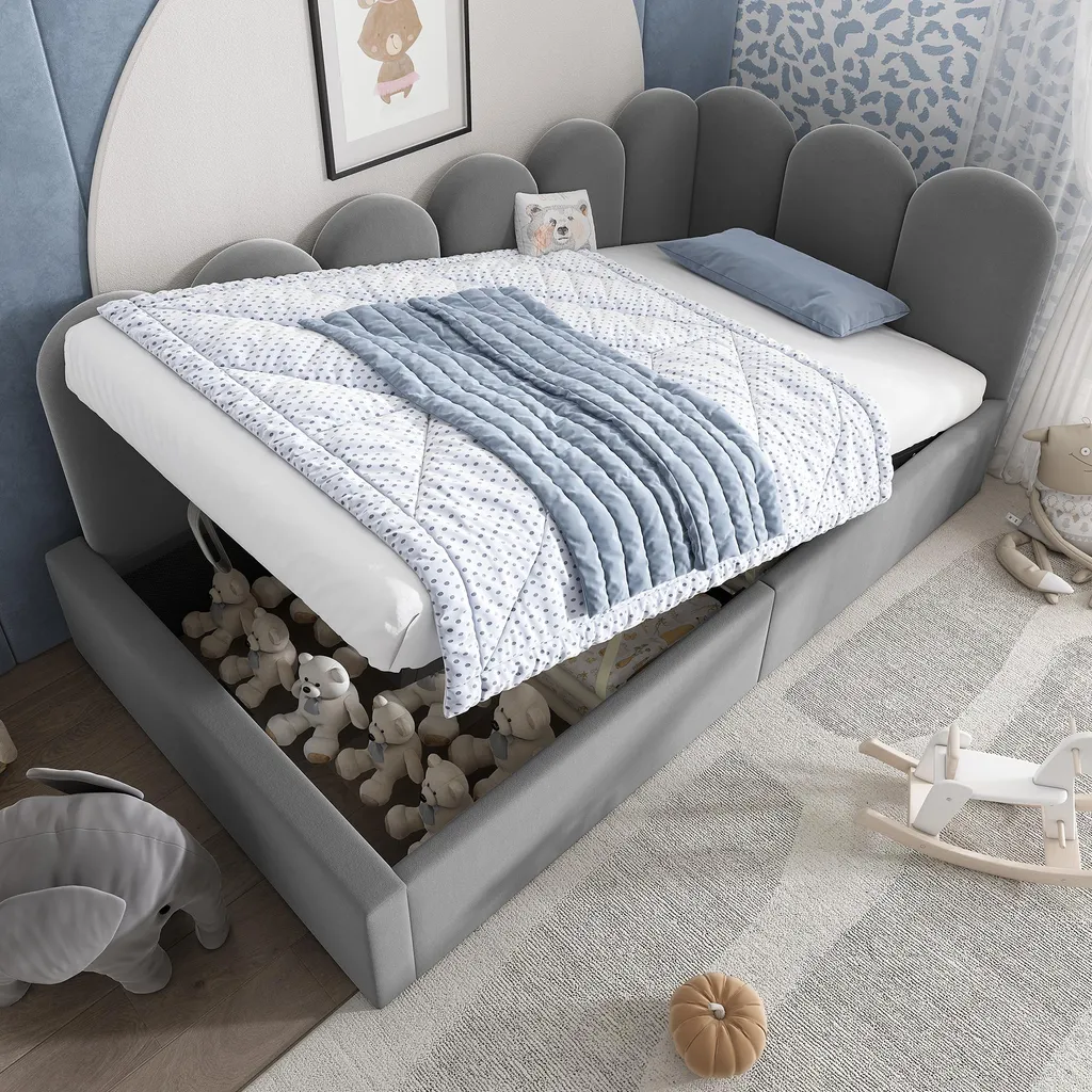 Lit coffre 90x200 cm en velours gris avec sommier métallique relevable