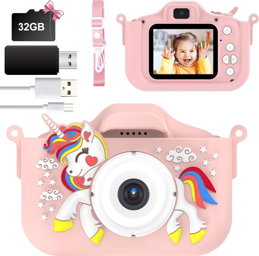 Kinderkamera, 1080P HD Kinder-Digitalkamera mit 32GB SD Kart, HD Video Eingebaut 5 Lernspiele, 8 facher Zoom, 44 Bilderrahmen und Filter, Geschenke