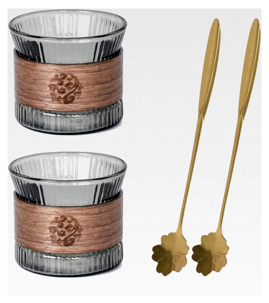 Espressotassen Set 170 ml mit Edelstahl-Löffel (Gold) - Espressotasse aus Borosilikatglas, elegantes Design mit vertikaler Riffelung, geeignet fü...