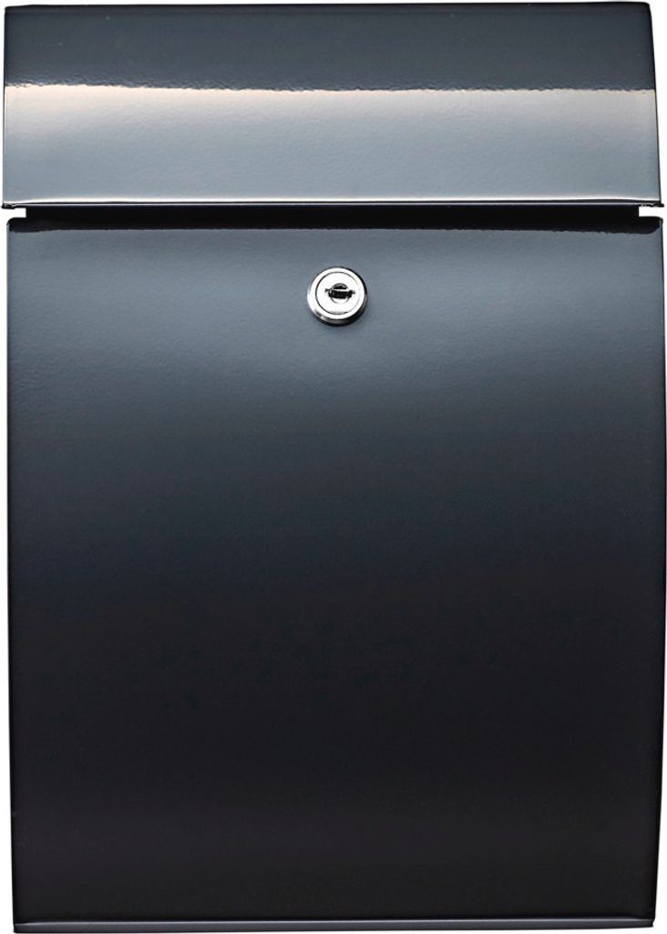 A close-up front view of a dark gray mailbox with a silver lock.