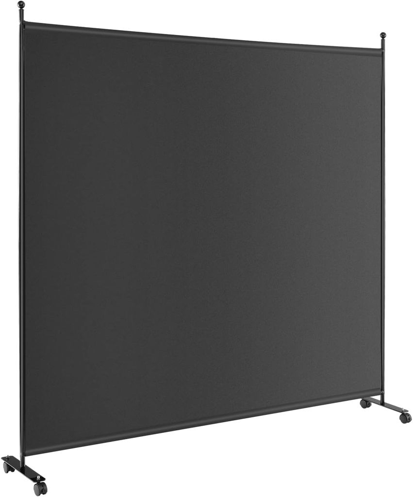 A black room divider with a metal frame and wheels, shown against a white background.