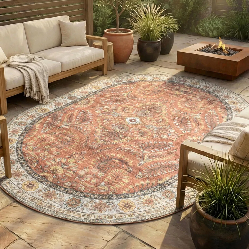 Tapis motif floral rétro Santo Flora Terracotta 200x290 cm en velours