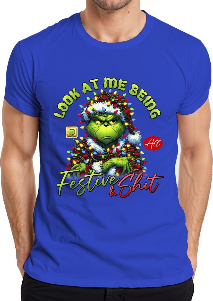 Grinch Look At Me Being Festive Weihnachten lustig Geschenk Herren T-Shirt, Blau, S