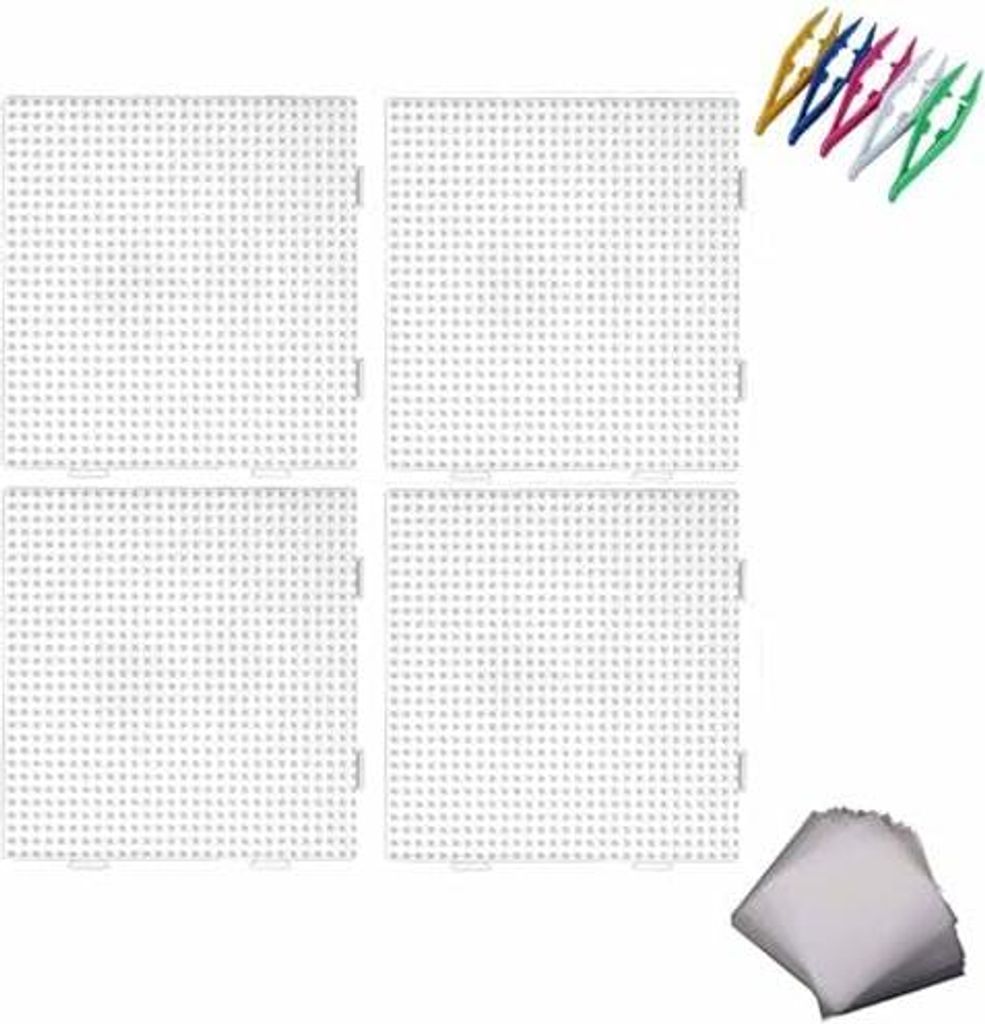 Zbssny 4 Stück Bügelperlen Platten Groß, 14.7x14.7cm Transparent Quadratische Steckplatten Set mit 5 Bügelperlen Pinzette 10 Bügelpapier Ideal