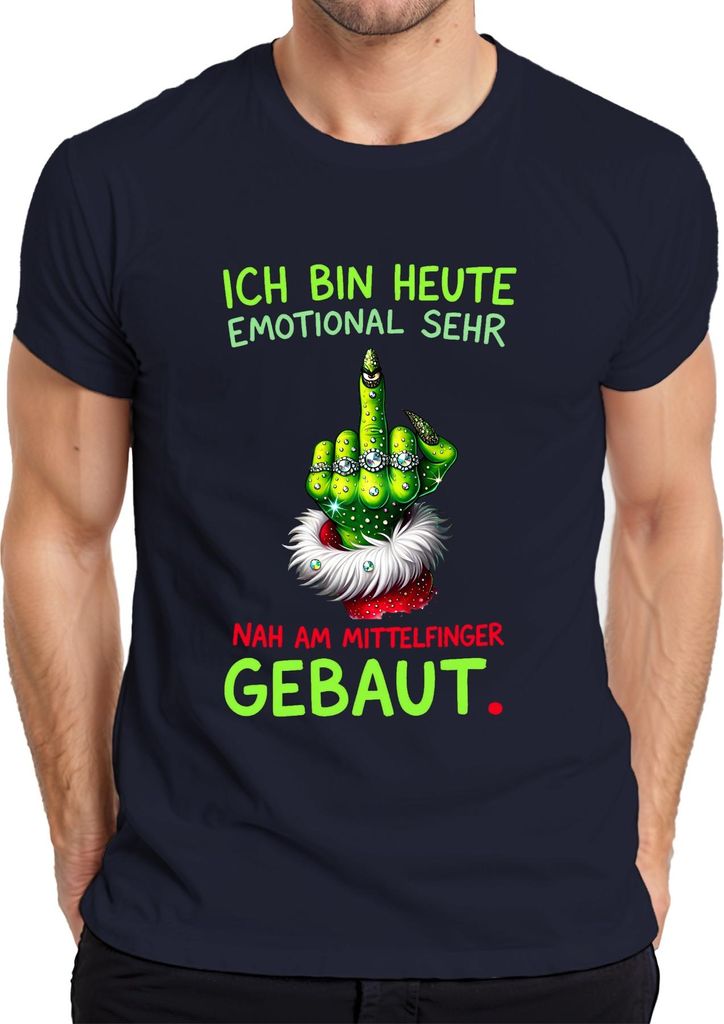 ICH BIN HEUTE EMOTIONAL NAH AM MITTELFINGER Grinch Weihnachten Herren T-Shirt, Navy, XL