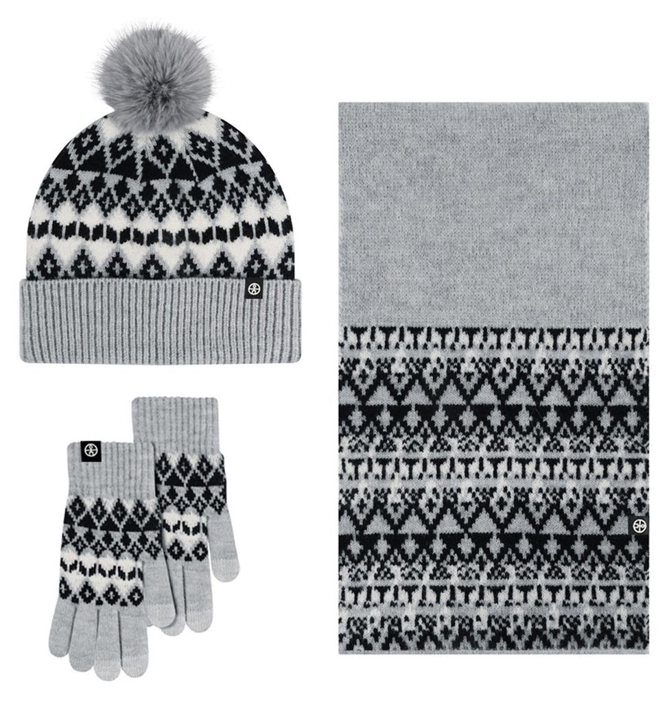Damen Wintermütze, Schal und Handschuhe Set mit Bommel, warme Mütze, langer Strickschal, Touchscreen-Handschuhe, dick und warm, 3-in-1-Set