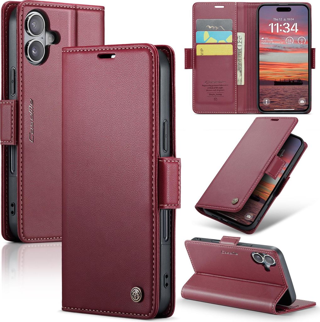 Lederhülle für iPhone 17 Brieftasche Kartenfach Schutzhülle mit Standfunktion Rot