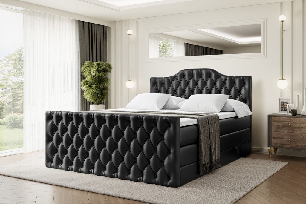 ALTDECOR Boxspringbett mit Fußteil, 2 Matratzen und Topper - 160x200 cm - VILA-1-Z KING - Schwarz Kunstleder - Polsterbett mit, H3- und H4- Matrat...