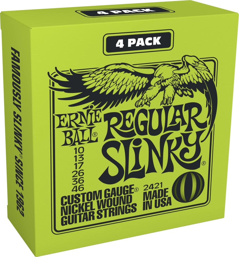 Ernie Ball Regular Slinky Nickel Wound E-Gitarrensaiten, 4er-Pack,Stärke 10-46