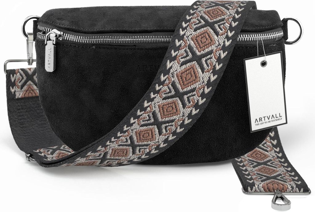 ARTVALL - Umhängetasche aus Wildleder, Klein mit verstellbarem Schultergurt, abnehmbares Taschenband, Crossbody Bag in Schwarz