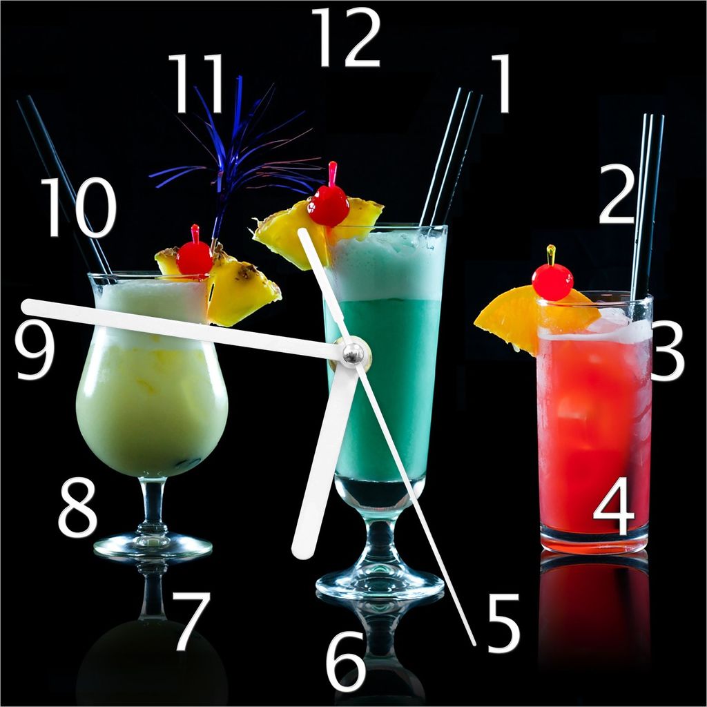 Wallario Design Wanduhr Bunte Cocktails vor schwarzem Hintergrund aus Echtglas, Größe 20 x 20 cm