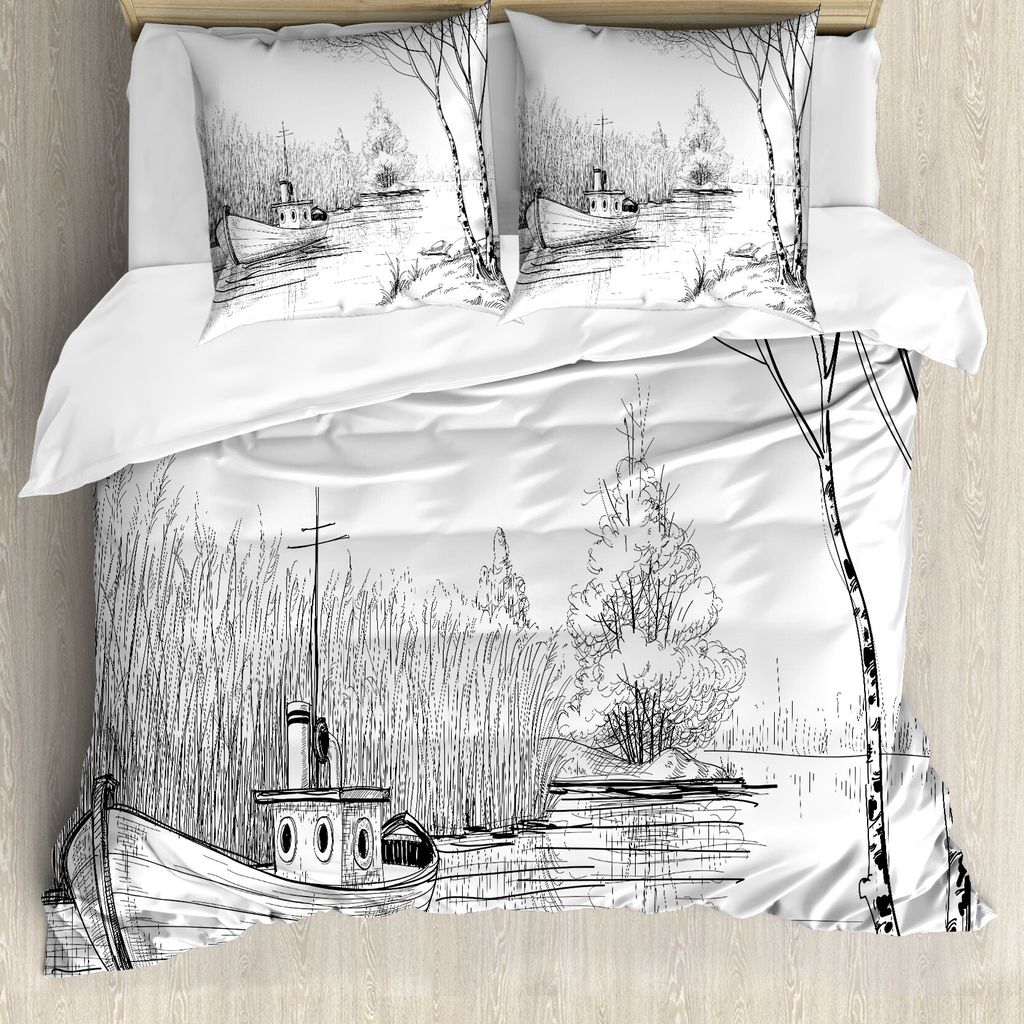 ABAKUHAUS Natur Bettbezug, Black White Boat Fluss, Milbensicher Allergiker geeignet mit Kissenbezügen, 155 cm x 220 cm - 80 x 80 cm, Schwarz-Weiss