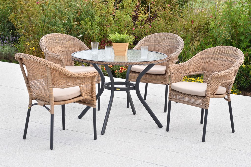 Merxx "Ravenna" Set 9tlg., 4 Stapelsessel, 4 Sitzkissen, Tisch Ø 100 cm, Natur, Aluminium/Kunststoffgeflecht