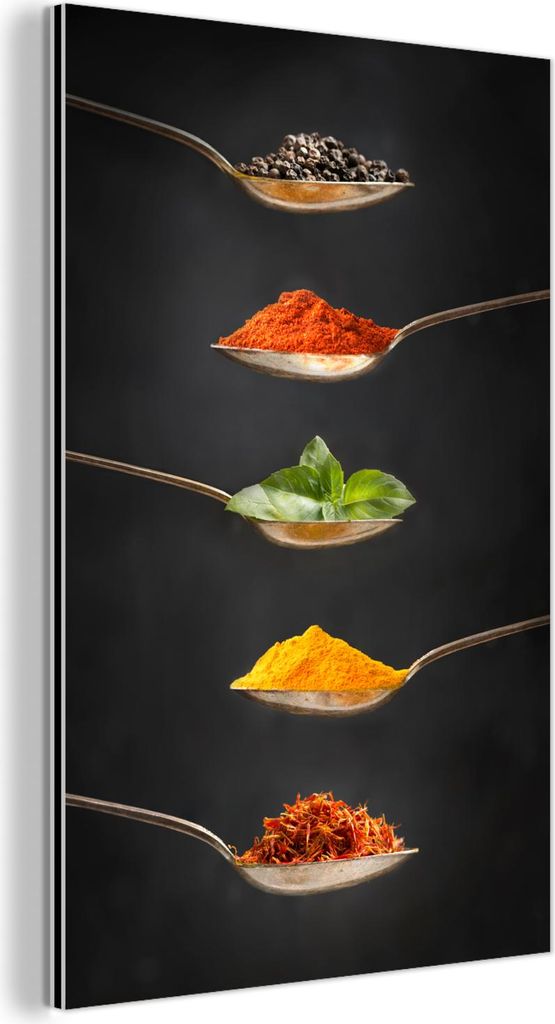 MuchoWow Wanddekoration Metall Metallbild Wandkunst 80x120 cm Kräuter - Löffel - Gewürze - Schwarz - Italienisch MuchoWow Aluminium Gemälde - B...