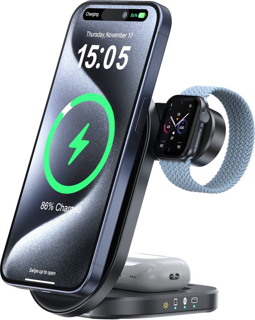 Caliber Caliber 3-in-1 Kabelloses Ladegerät – Ladestation – 22,5W Schnellladegerät Qi2 – Geeignet für iPhone, Apple Watch, AirPods – Mag...