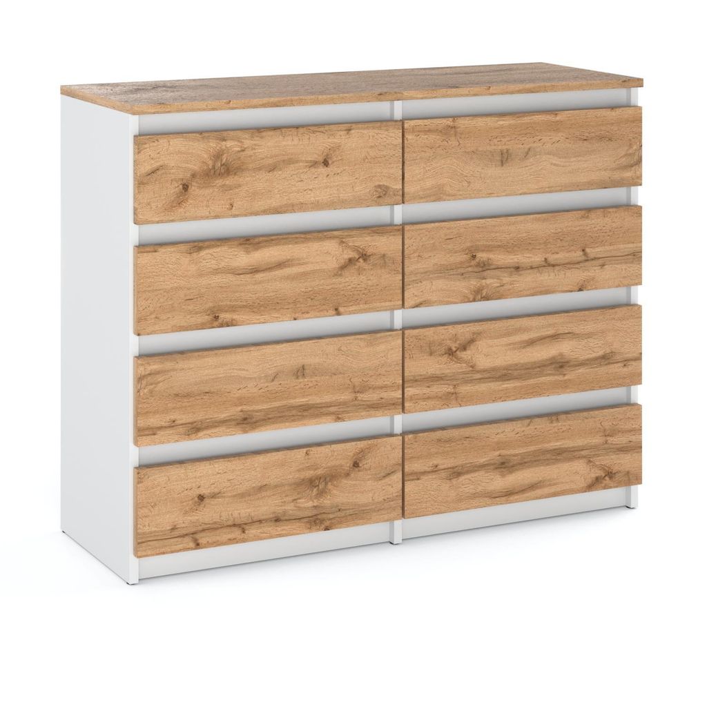 STIV Möbel | Kommode mit 8 Schubladen | Weiß Matt / Eiche Wotan | 120 cm | modern & grifflos | Schlafzimmer & Wohnzimmer