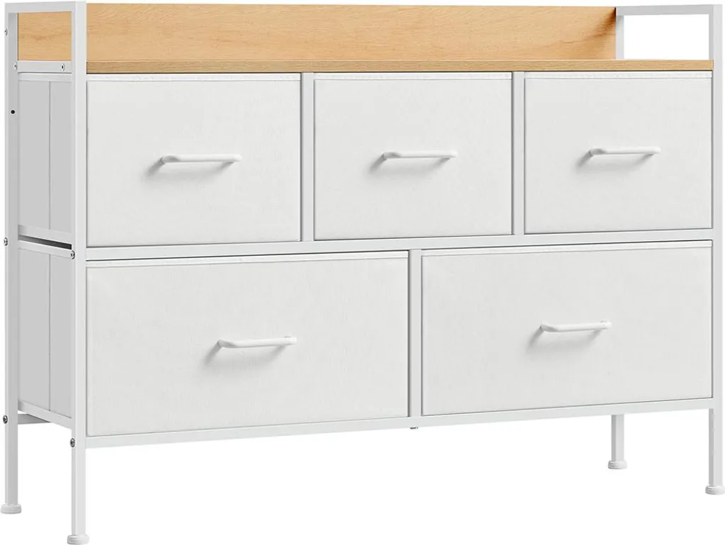 Petit meuble de chambre 5 tiroirs blanc et beige pour linge et habits
