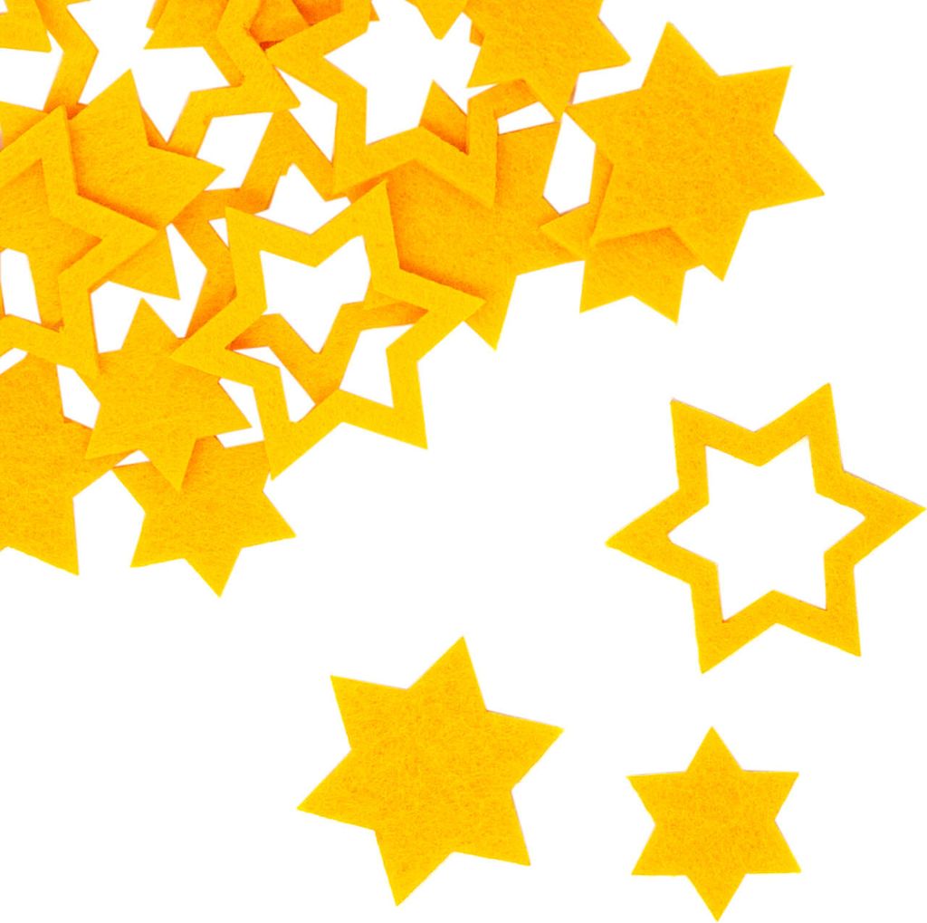 A collection of yellow felt stars scattered on a white background.