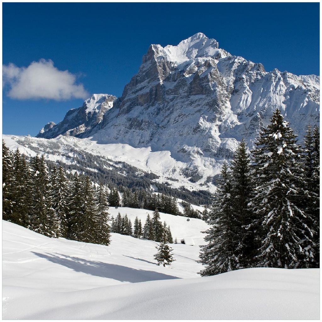 Wallario Premium Glasbild, freischwebende Optik, kräftige Farben, Größe 30 x 30 cm Motiv Verschneiter Berghang unter blauem Himmel