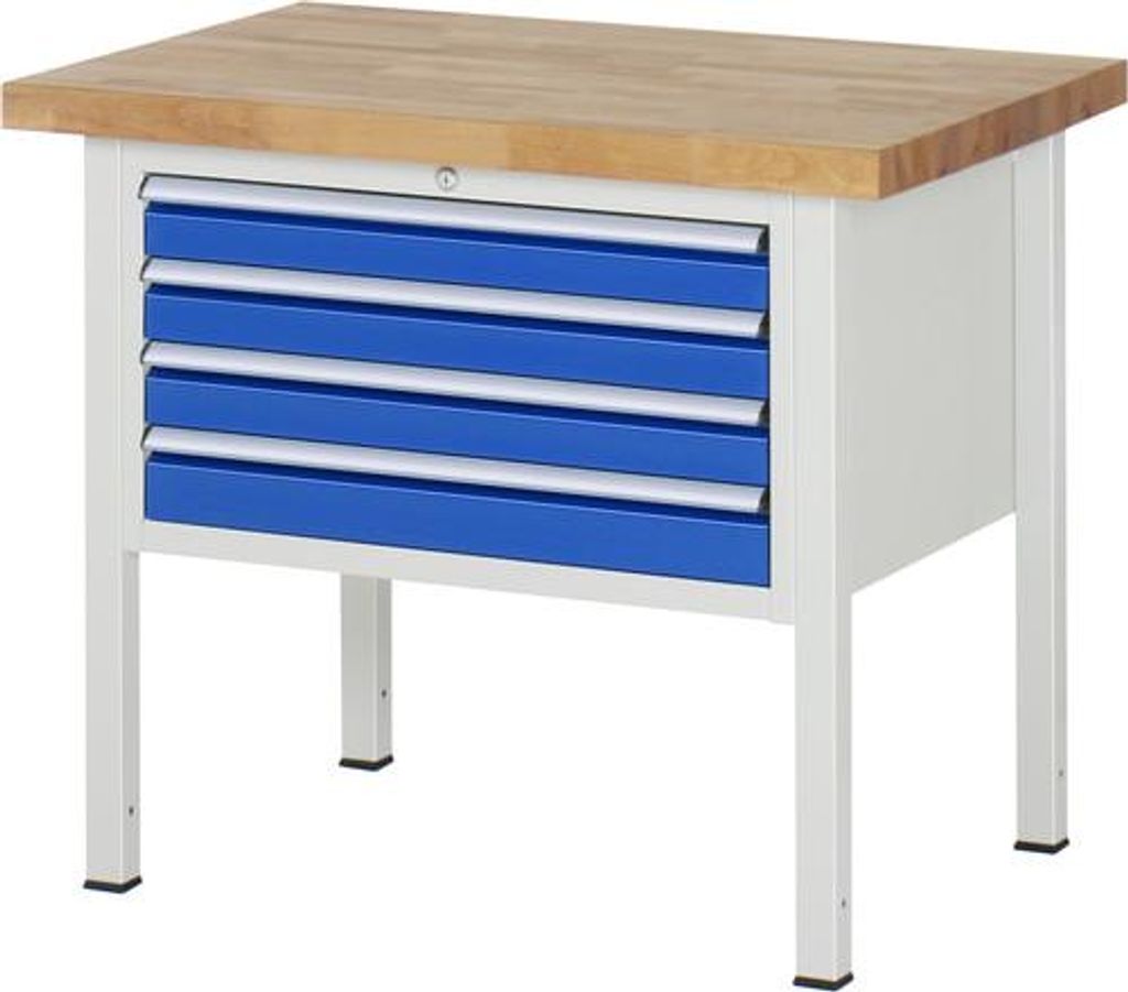Werkbank mit 4 XL Schubladen - Teilauszug - 90:4 - höhenverstellbar 840-1.040 mm - 1.000 x 700 mm (BxT) - Traglast 1.250 kg - Buche