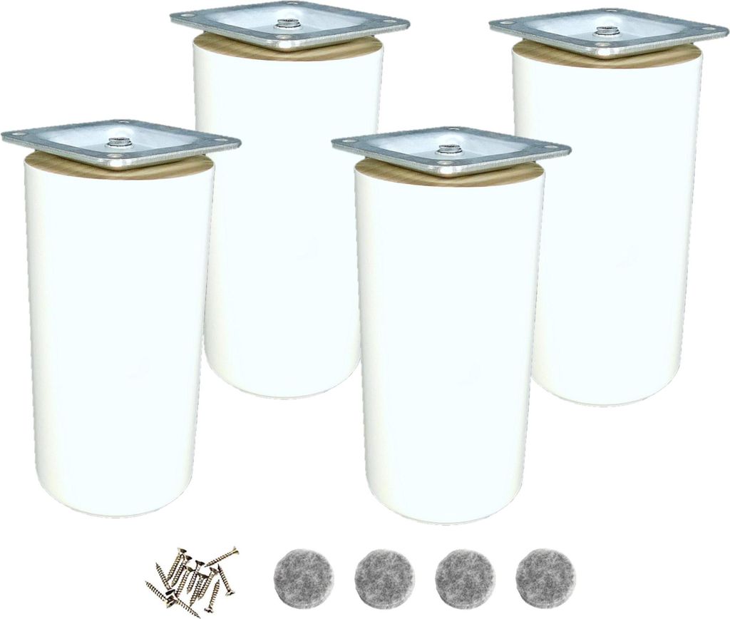 Möbelbeine Holz, weiß lackiert, runde Form, 15 cm, Set mit 4 Stück und Montagezubehör