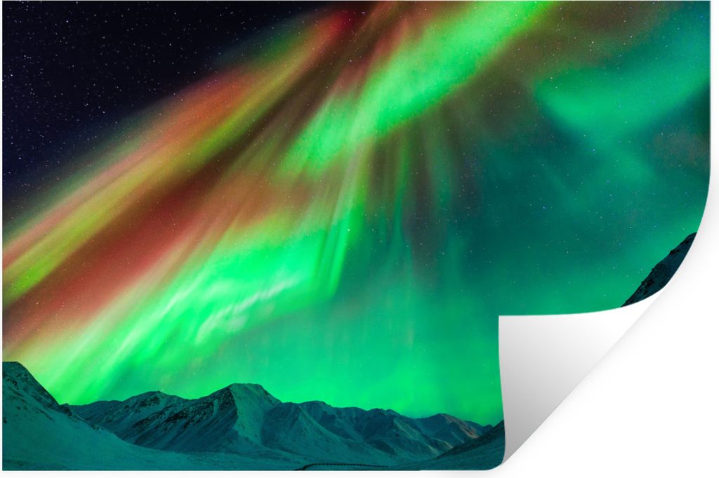 MuchoWow Wandtattoo Wandsticker Wandaufkleber Nordlichter - Alaska - Orange - Grün 90x60 cm Selbstklebend und Repositionierbar - Aufkleber