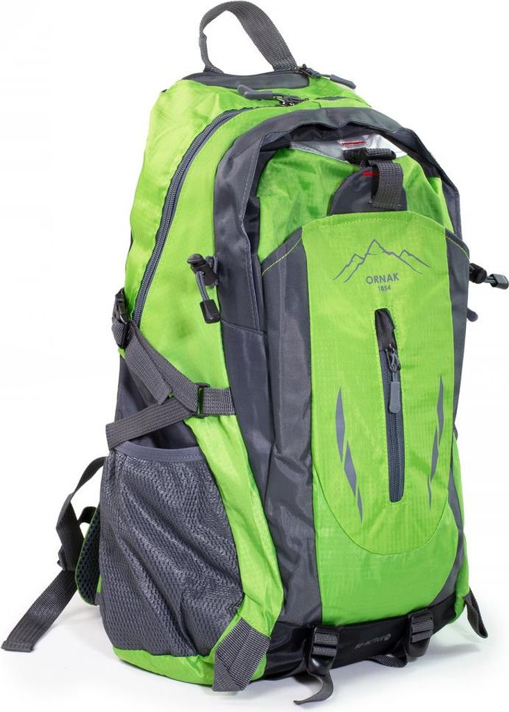 A green and gray backpack shown from the front-side.