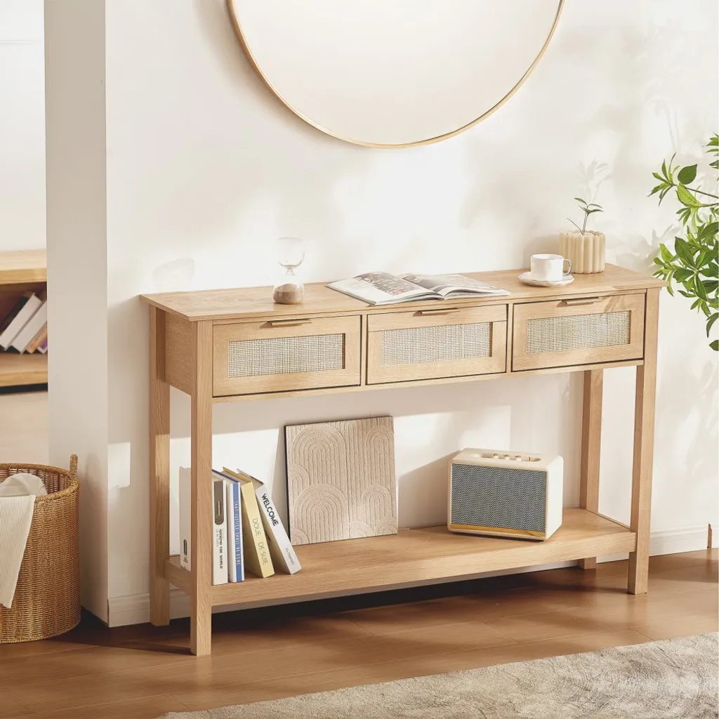 Console Bois et Rotin Naturel avec 3 Tiroirs pour une Déco Authentique