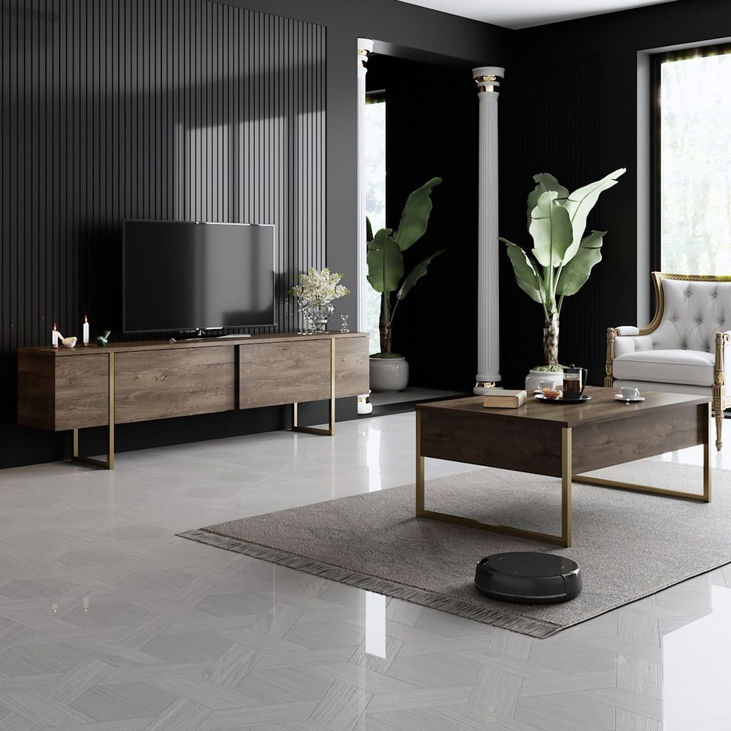 A modern living room setup with a TV stand, coffee table, and chair.