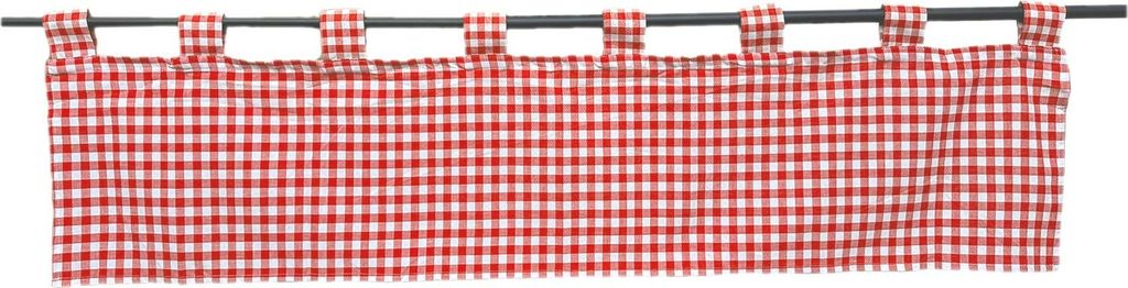 A red and white checkered valance curtain hanging on a rod.