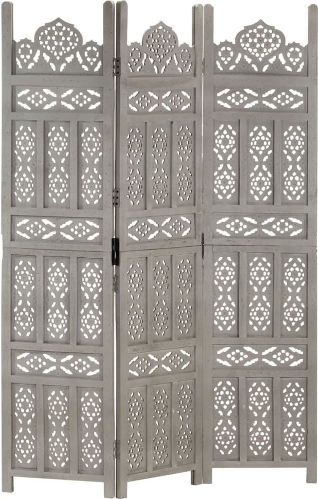 vidaXL 3tlg. Raumteiler Handgeschnitzt Grau 120×165cm Mango Massivholz - Raumteiler - Handgeschnitzte Raumteiler - Raumtrennwand - Raumtrennwände