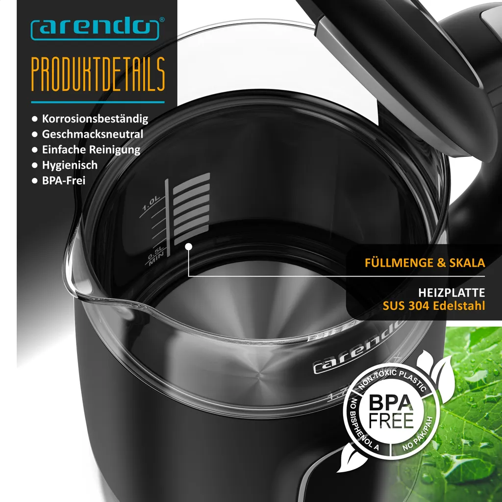 Bouilloire Arendo en verre et inox avec réglage de température 1,7L - 5