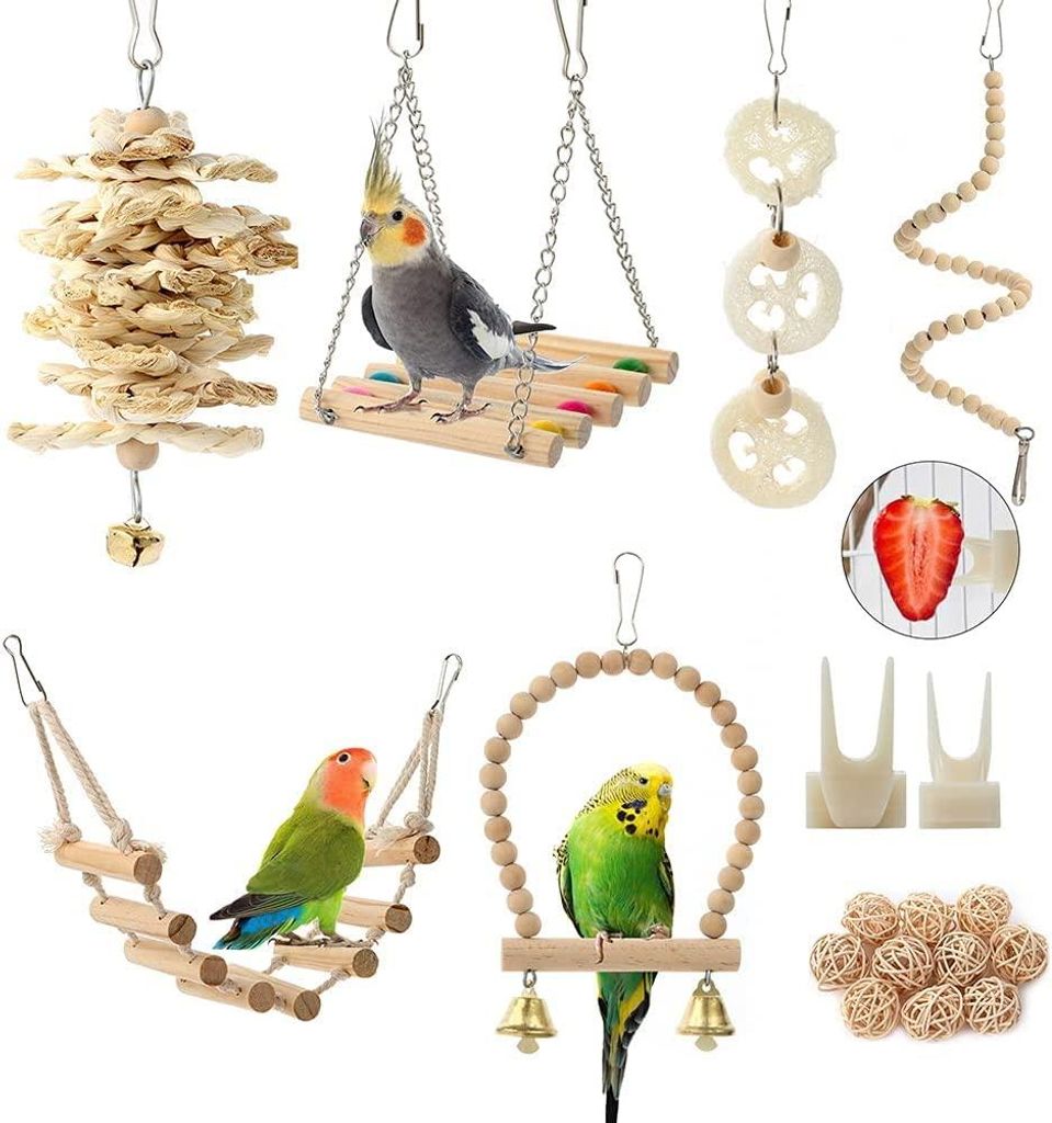 Set mit 18 Hängespielzeugen für Vögel/Papageien, bestehend aus: Sitzstange, Leiter, Kauspielzeug und Hängematte. Geeignet für Wellensittiche, ...