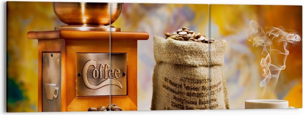 Bild auf Leinwand - Leinwandbild - Kaffee Körner Mühle Tasse - 150x50cm - Wand Bild - Wanddeko - Leinwanddruck - Bilder - Kunstdruck - Wanddekora...